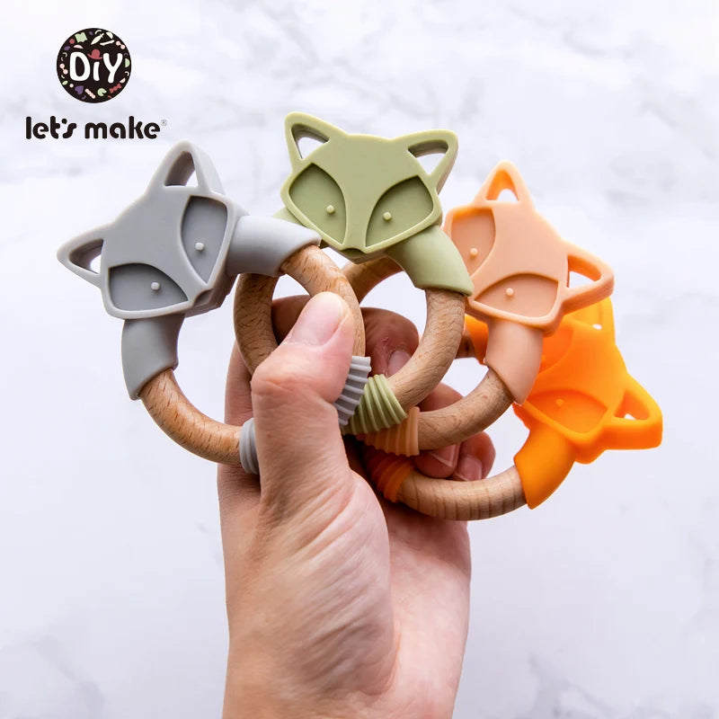 Let's Make Silicone Teethers Cartoon Beech Wood Fox Teething Wooden Ring DIY Baby Rattles Tiny Rod Christmas Gift Baby Teethers