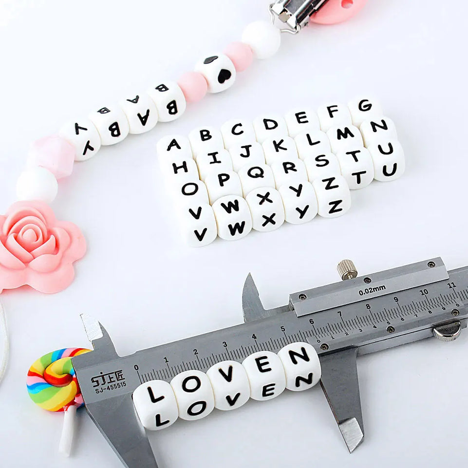 15Pcs Baby Silicone Beads Letters with Alphabet Personalized Name Teether Teething Beads Pacifier DIY Toys Gift 12mm 1000Pcs