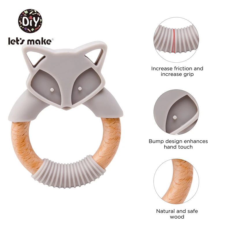 Let's Make Silicone Teethers Cartoon Beech Wood Fox Teething Wooden Ring DIY Baby Rattles Tiny Rod Christmas Gift Baby Teethers